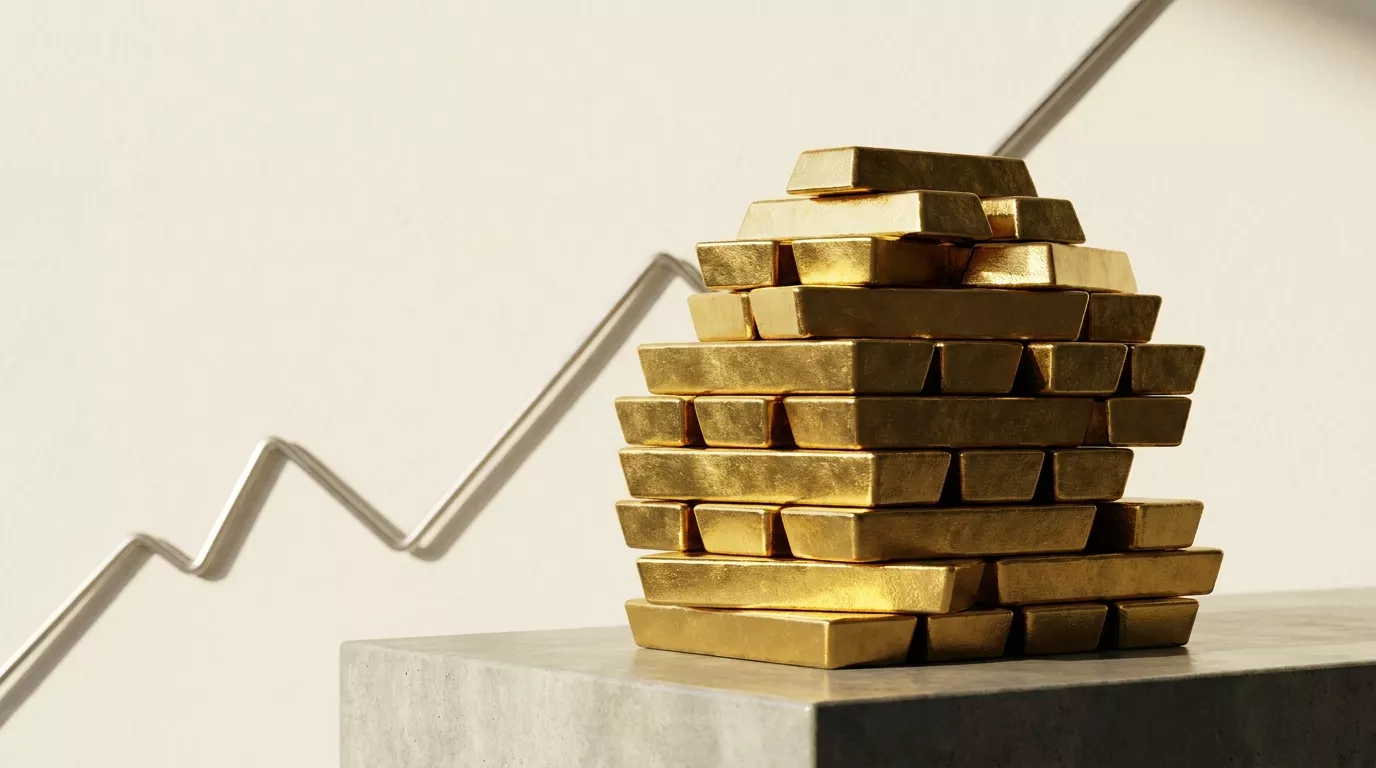 Stacked gold bars against a rising performance chart — the physical store of value smart money diversifies into
