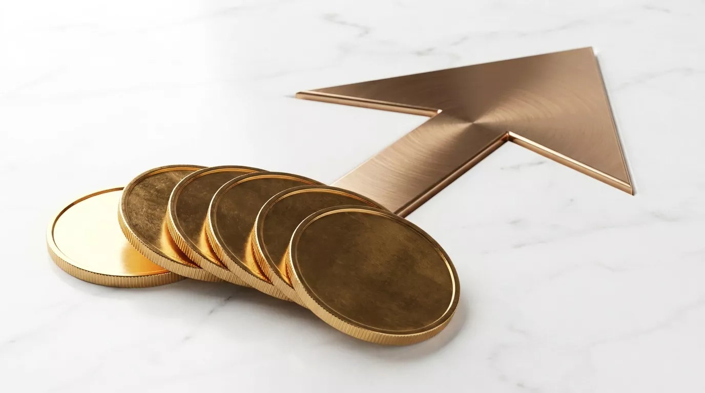 Gold coins beside an upward arrow — disciplined diversification into physical metal